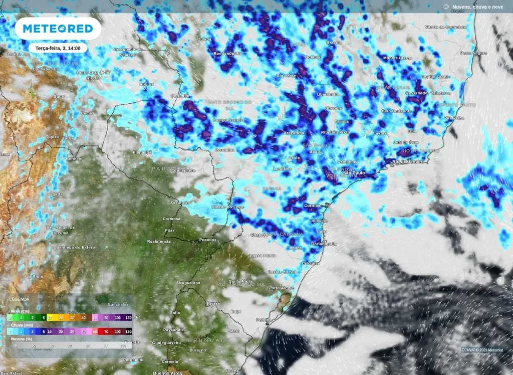 Previsão de chuva e nebulosidade para o centro-sul do Brasil na tarde desta terça-feira (3).