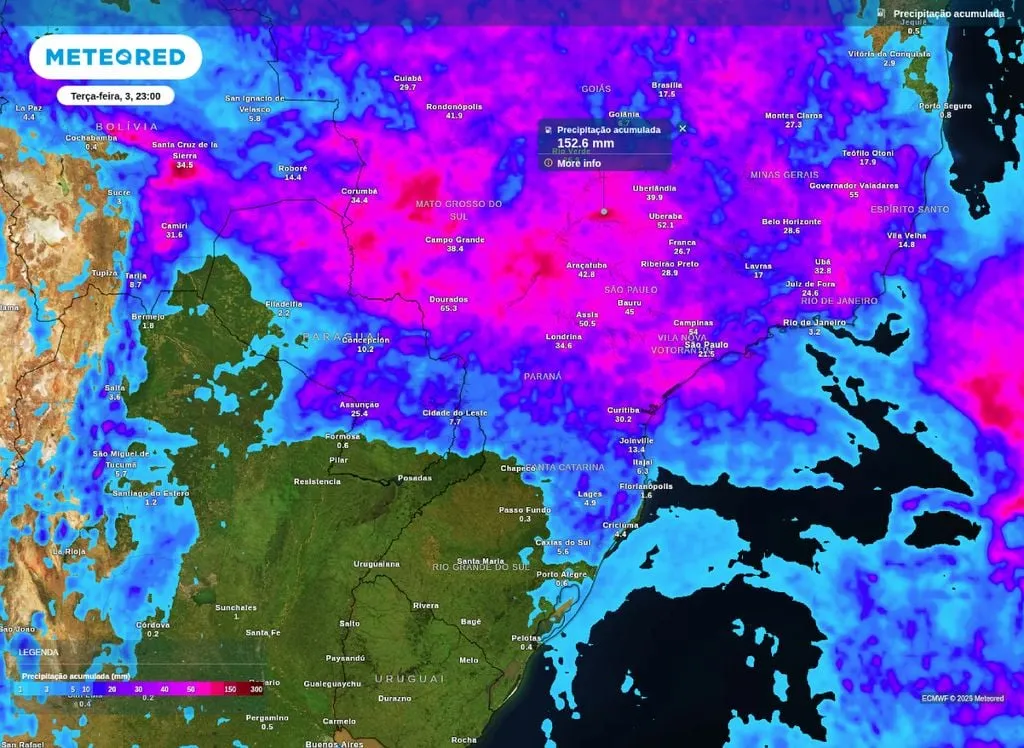Previsão de chuva acumulada até a noite de terça-feira (3) no centro-sul do Brasil.