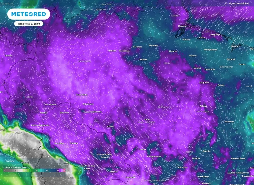 Previsão de água precipitável para o centro-norte do Brasil na tarde desta terça-feira (3).